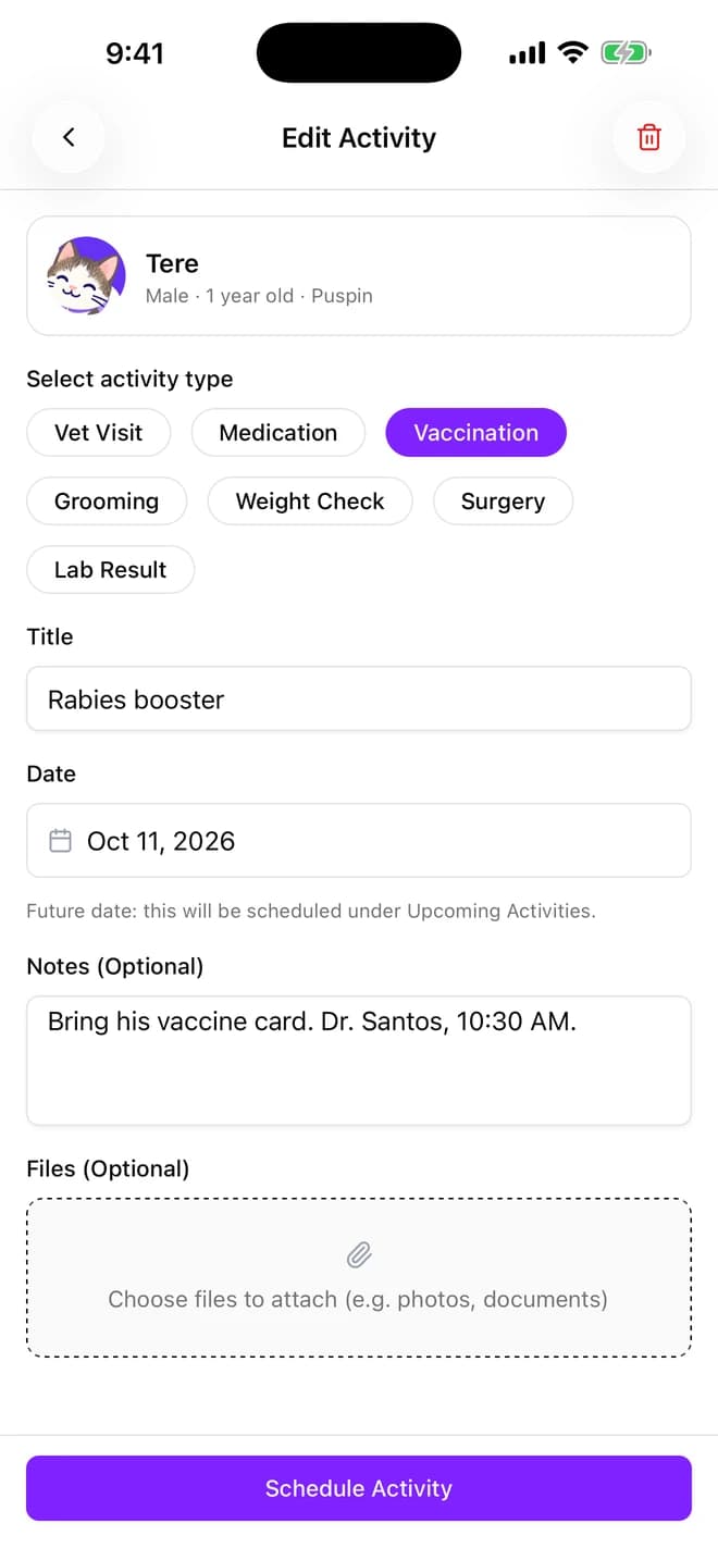 Scheduling Tere's rabies booster for October 11